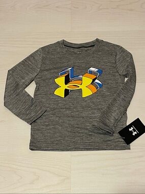 Under Armour Kids Gray Long Sleeve Tee with Yellow & Blue Logo